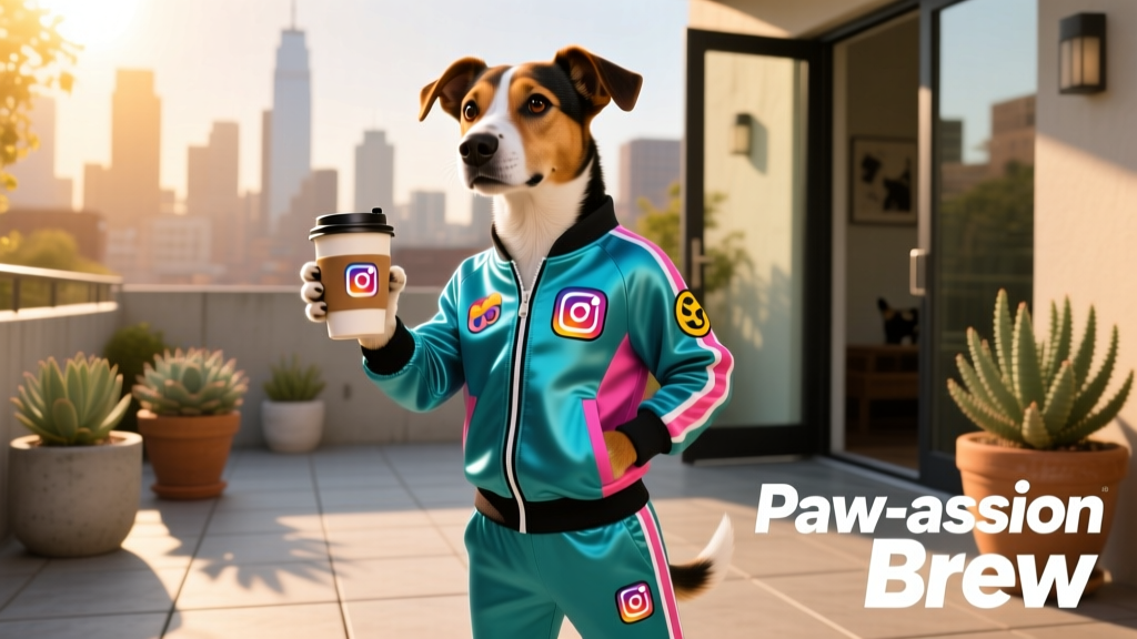 A confident-looking dog wearing a colorful athletic tracksuit and holding a coffee cup toy, styled like a social media influencer