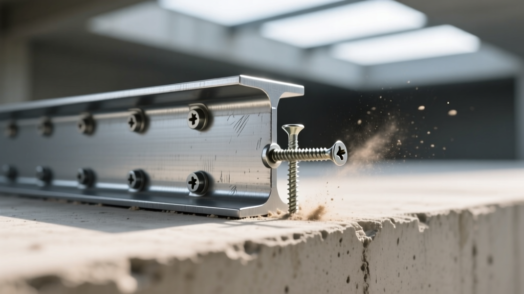 Close-up of 18-gauge cold-formed steel C-section studs being aligned and fastened with self-drilling screws on a commercial concrete slab