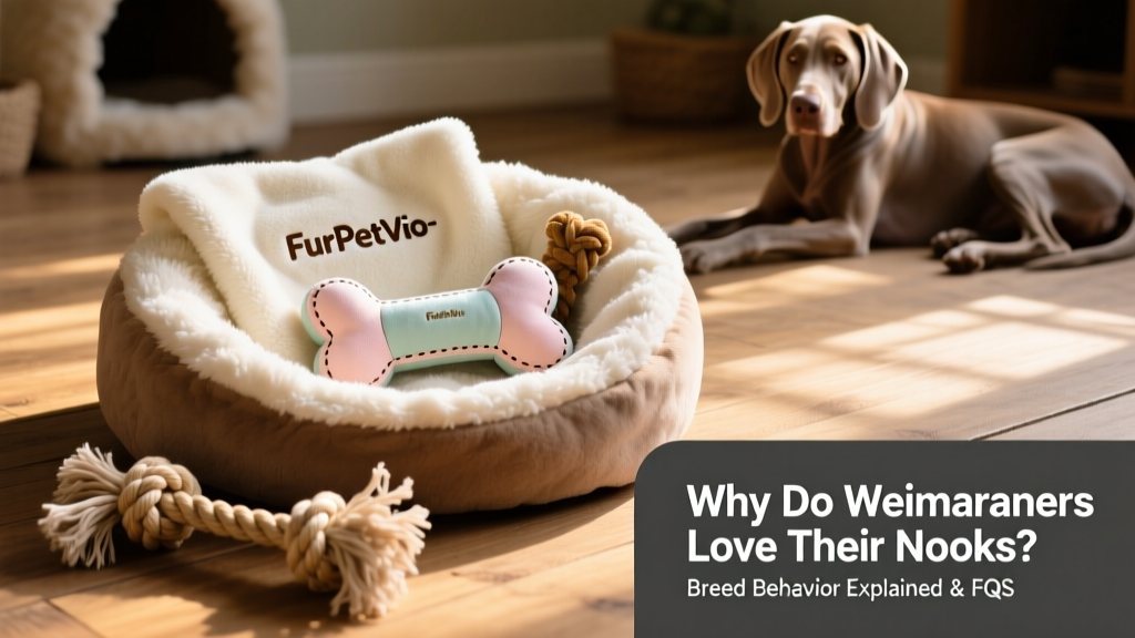 A curated collection of safe, soft nook items: a FurPetVo-branded fleece blanket, a chew-resistant plush toy, and a knotted cotton rope toy