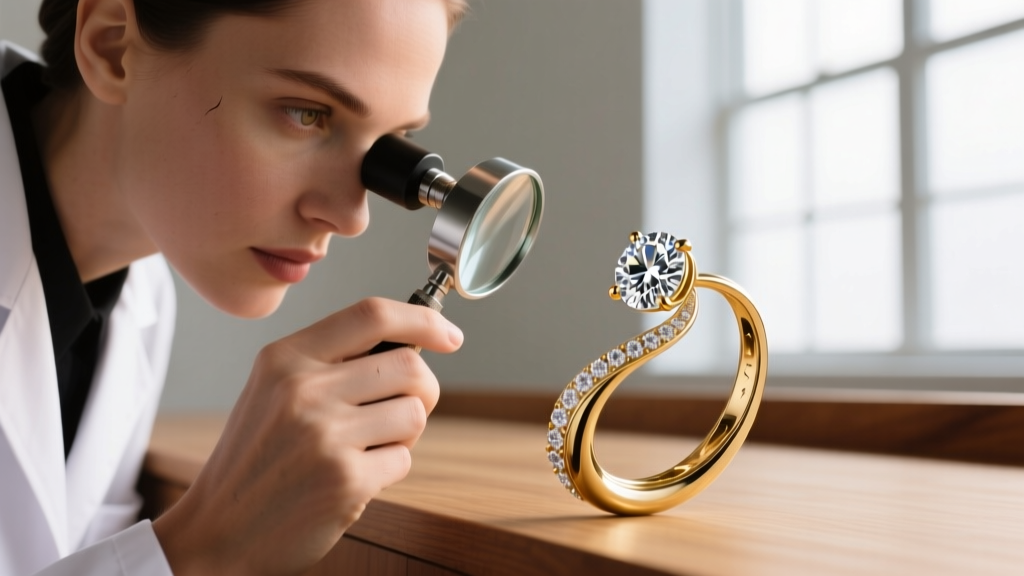 Jeweler using a loupe to inspect friction points and gold wear inside the curved track of a custom-made dancing diamond earring