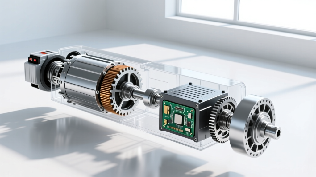 Cutaway diagram of an electric vehicle drivetrain showing the electric motor, inverter, and single-speed reduction gear assembly.