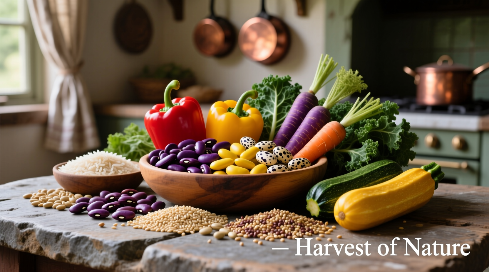 Colorful display of beans, grains, and vegetables