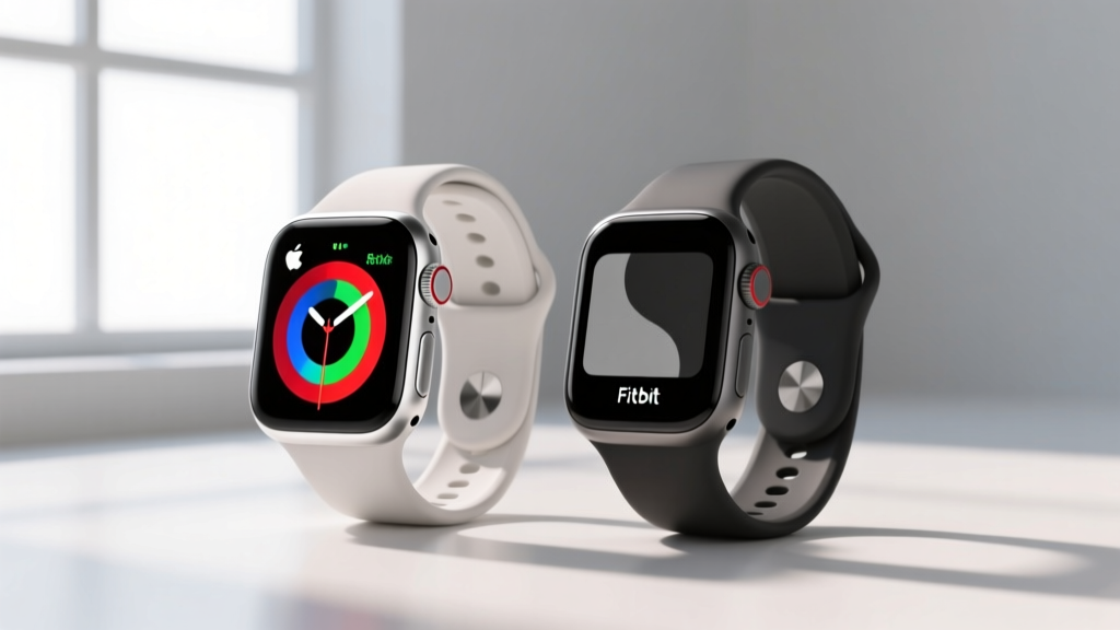 Comparison showing the vibrant color display of the Apple Watch Series 9 next to the monochrome screen of the Fitbit Charge 6