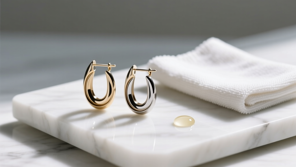 Microfiber polishing cloth and mild soap next to a pair of mixed-metal U-shaped drop earrings resting on a white marble surface.