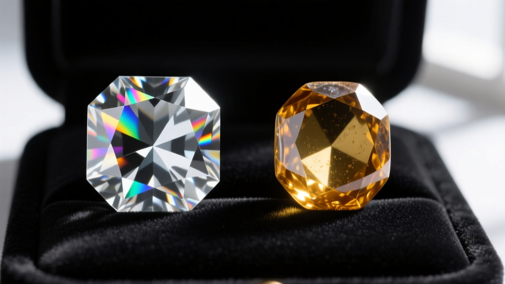 Macro shot comparing faceted cubic zirconia and a vintage lead-glass paste jewel side-by-side under a bright jeweler's loupe.