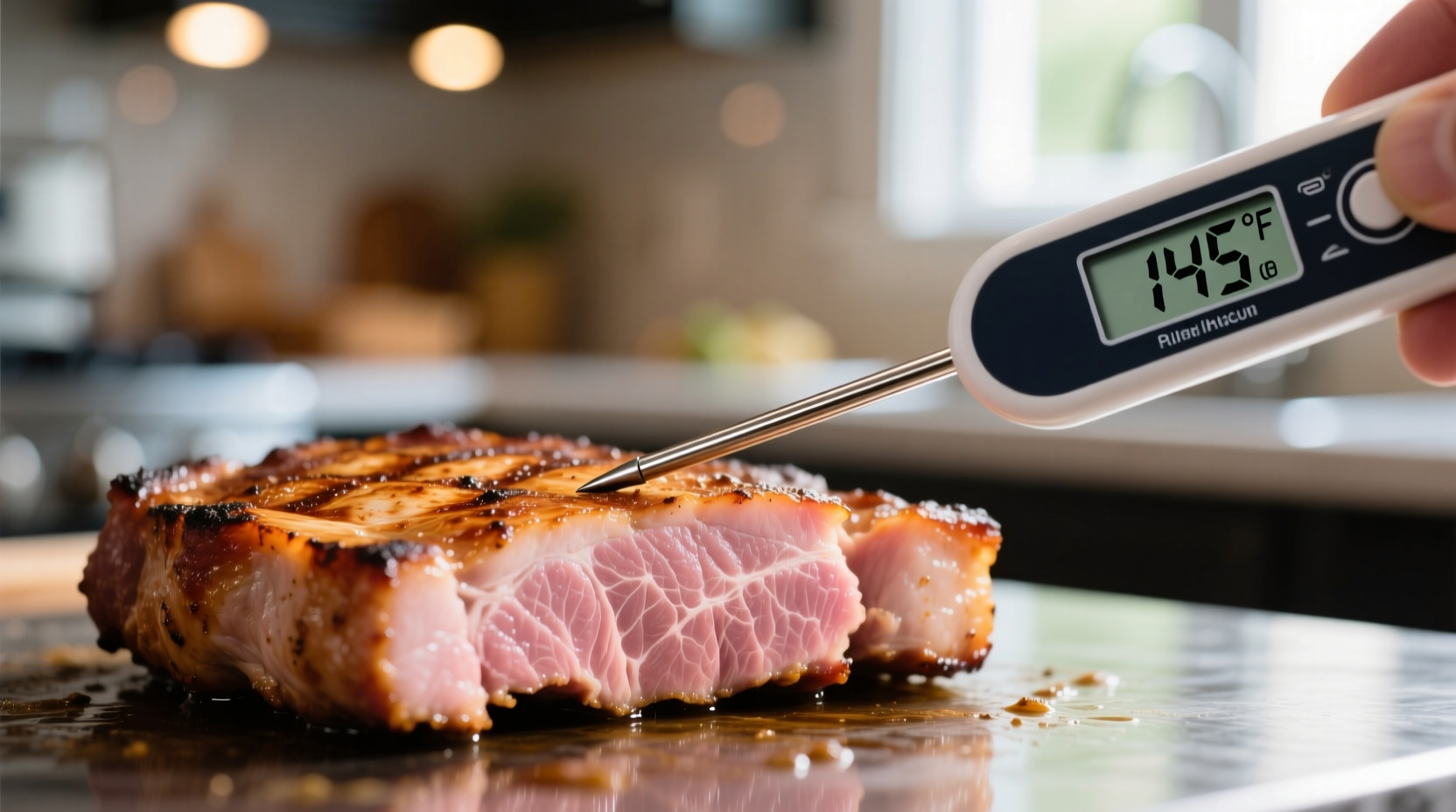 Thermometer checking pork chop temperature