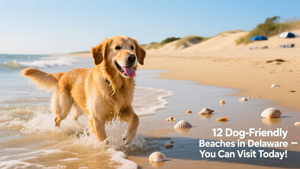 A golden retriever happily splashing in shallow ocean water at a wide, sunny beach with soft dunes in the background