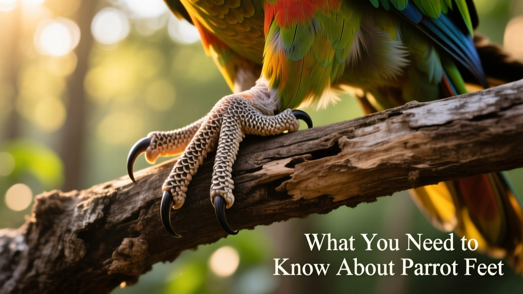 Close-up of a healthy parrot foot gripping a natural branch perch