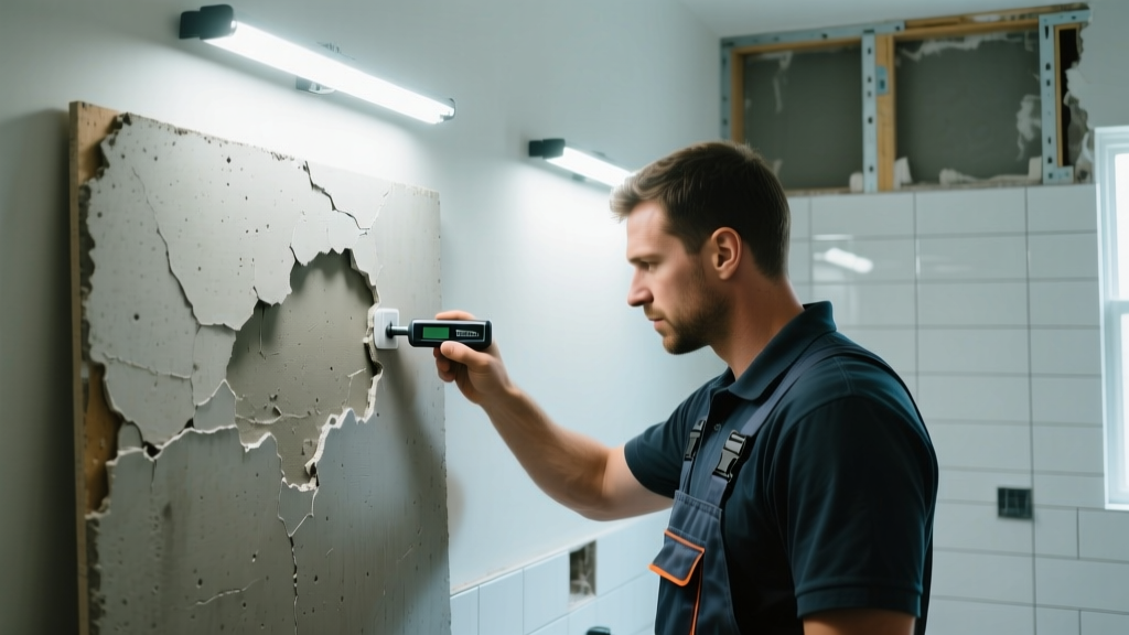 Contractor testing water-damaged cement board with a pinless moisture meter during a bathroom renovation under bright LED work lights
