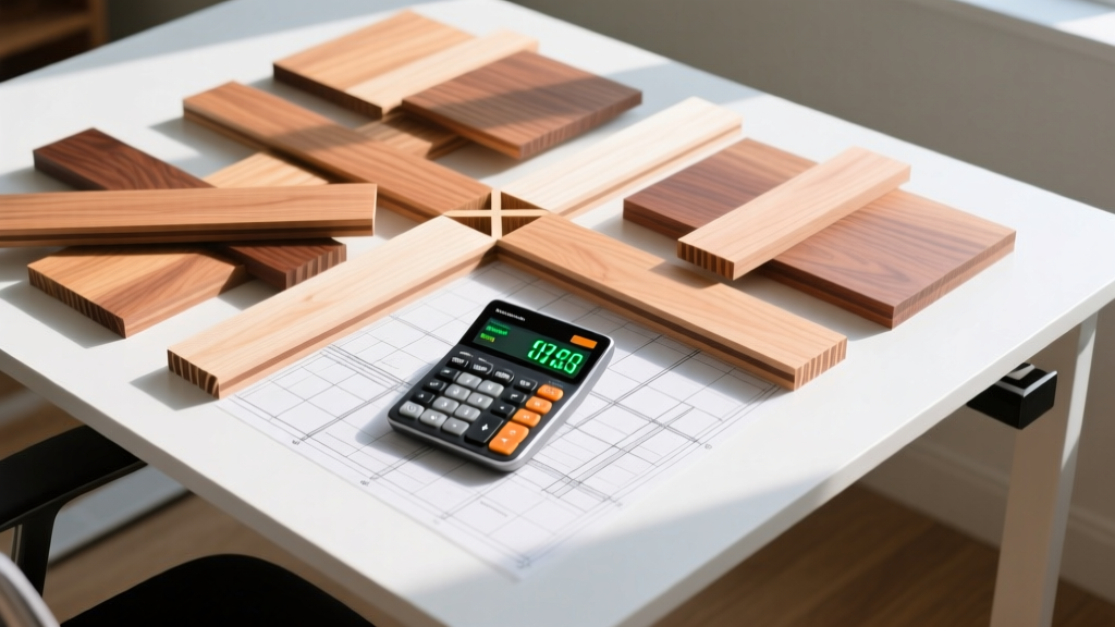 Top-down view of an estimator desk showing interlocking cross-laminated timber samples, blueprint grids, and a digital cost calculator