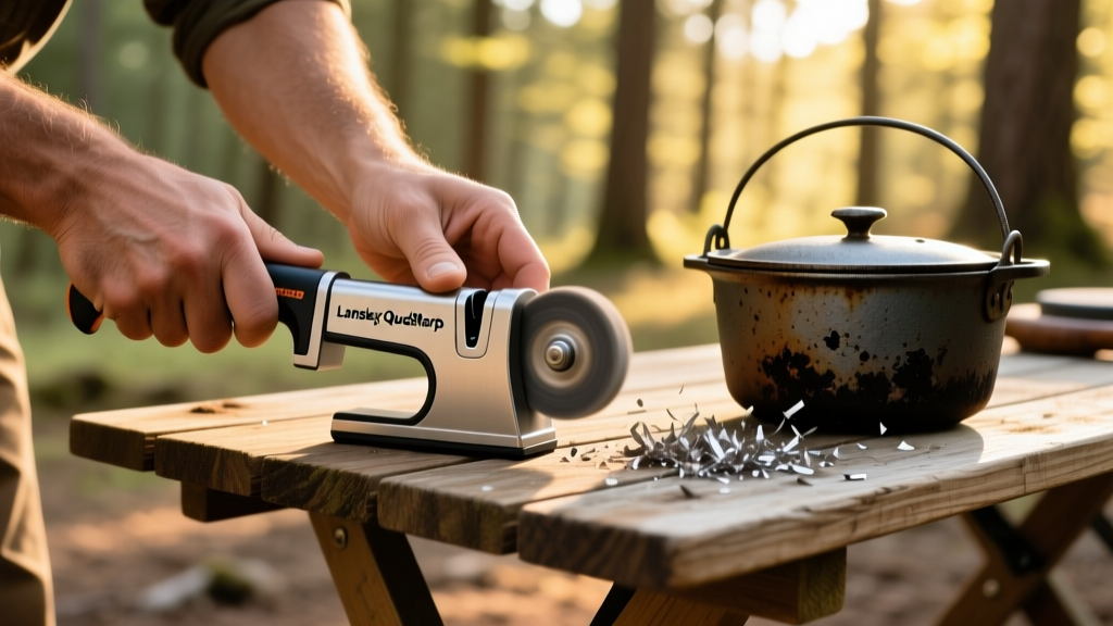 Hands using a compact Lansky QuadSharp manual knife sharpener on a folding camp table beside a cast iron Dutch oven