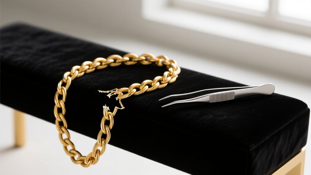 Broken 14k gold cable chain resting on a dark velvet bench block next to a pair of fine-tipped stainless steel jewelry tweezers.