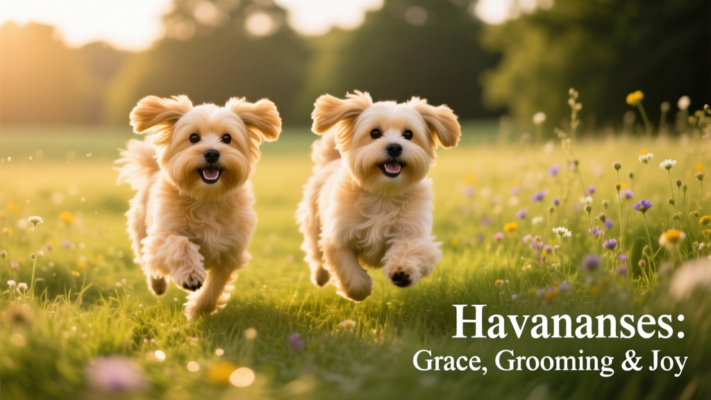 Two Havanese dogs running together on a grassy field