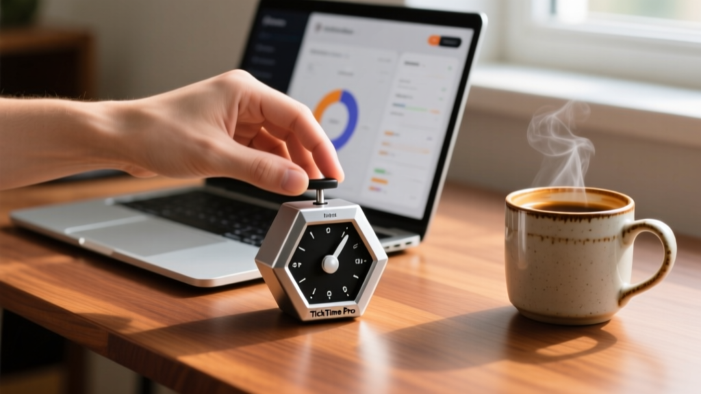Close-up of hands flipping a hexagonal TickTime Pro physical pomodoro timer on a wooden desk next to an open laptop and coffee mug