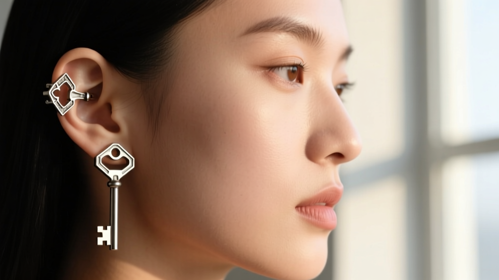 Close-up profile of a model wearing a 16-gauge titanium skeleton key ear cuff on the upper helix, highlighting industrial textures.