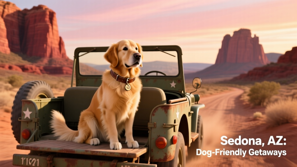 A dog riding comfortably in the back of a vintage-style Jeep along a desert trail, with red rock formations lining the horizon