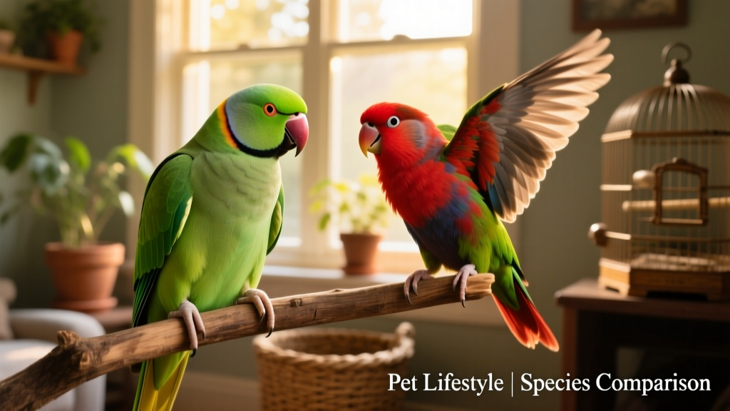 Side-by-side comparison showing a bright green parakeet perched calmly beside a vivid red-faced lovebird with fluffed feathers