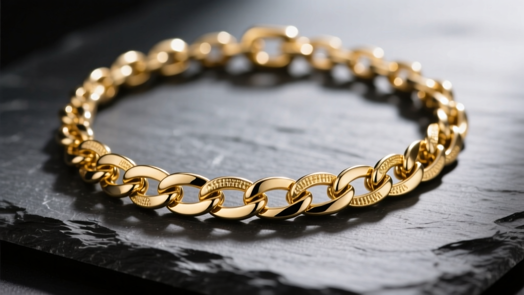 Close-up of a polished 316L stainless steel gold necklace with PVD coating on dark slate, soft lighting highlighting chain links