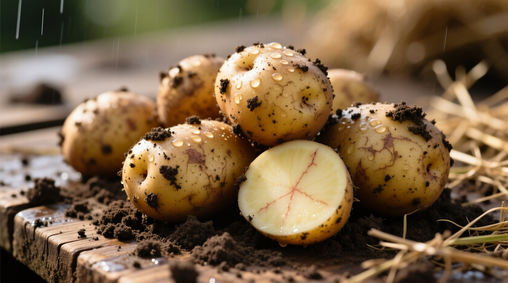 Freshly harvested Guernsey new potatoes with soil