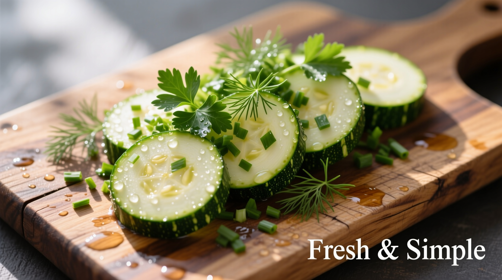 Fresh zucchini with herbs on wooden cutting board