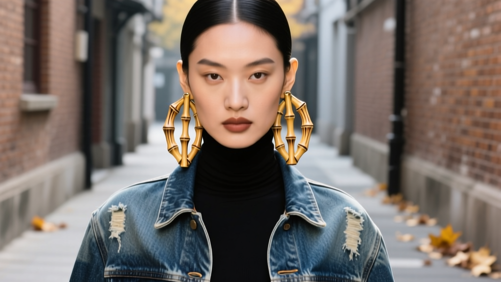 Street style photo of an influencer wearing large bamboo earrings with a black turtleneck and faded vintage denim jacket outdoors.
