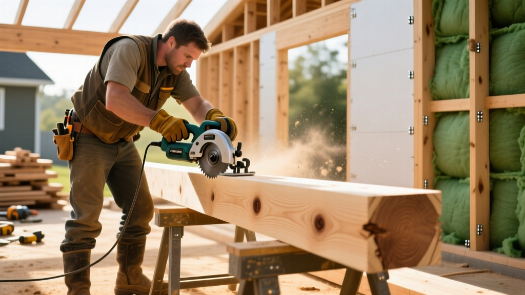 Framer using a heavy-duty worm drive circular saw to cut a thick Douglas fir structural beam on a residential wood framing site