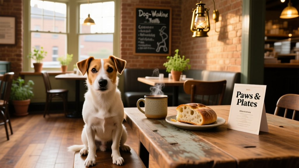 A friendly terrier sitting beside a table in a relaxed, sunlit restaurant interior