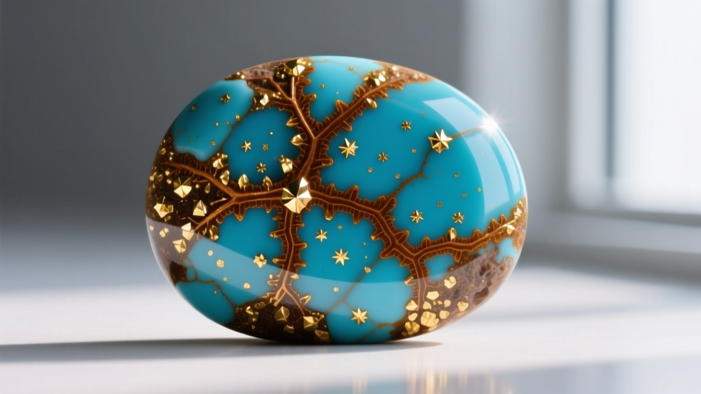 Macro photography of a polished Kingman turquoise cabochon revealing golden pyrite flecks and a tight brown limonite web matrix