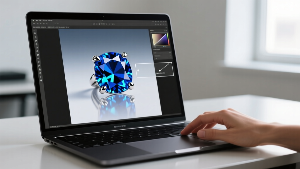 Laptop display showing editing software as a user masks a sapphire stud to export a transparent background image for jewelry resale