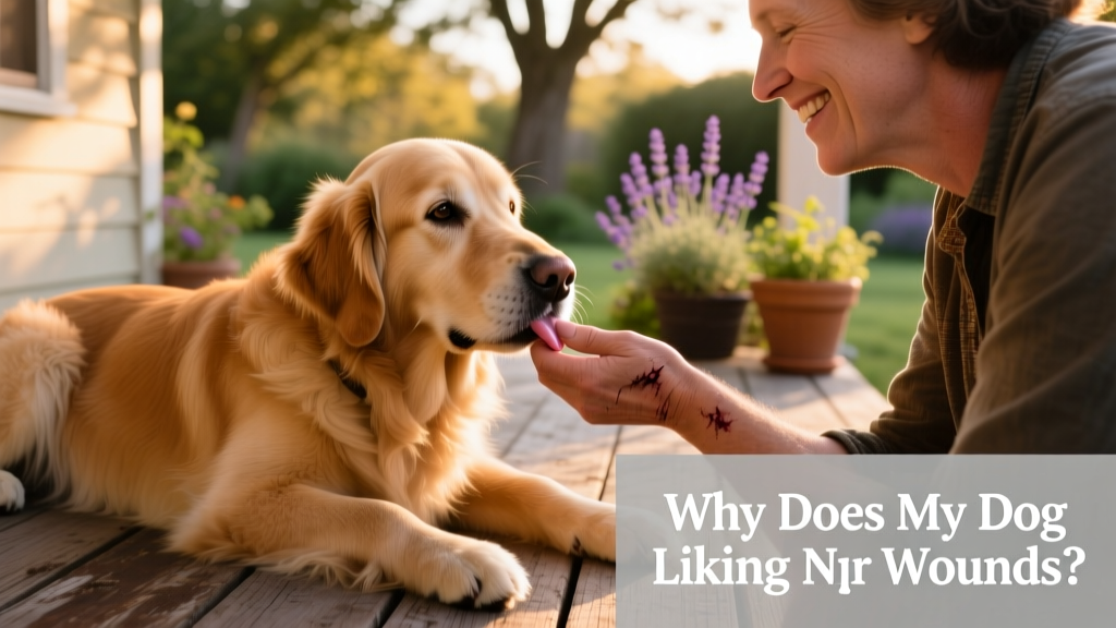 A calm dog gently licking their owner's hand while resting beside them.