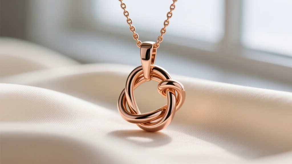 Macro shot of a 14k rose gold knot pendant displaying tight tension loops and seamless solder joints on soft cream fabric