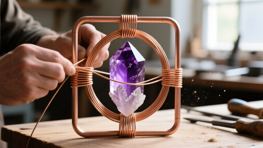Close-up of artisan hands weaving 26-gauge bare copper wire around a 12-gauge copper frame holding a raw amethyst crystal