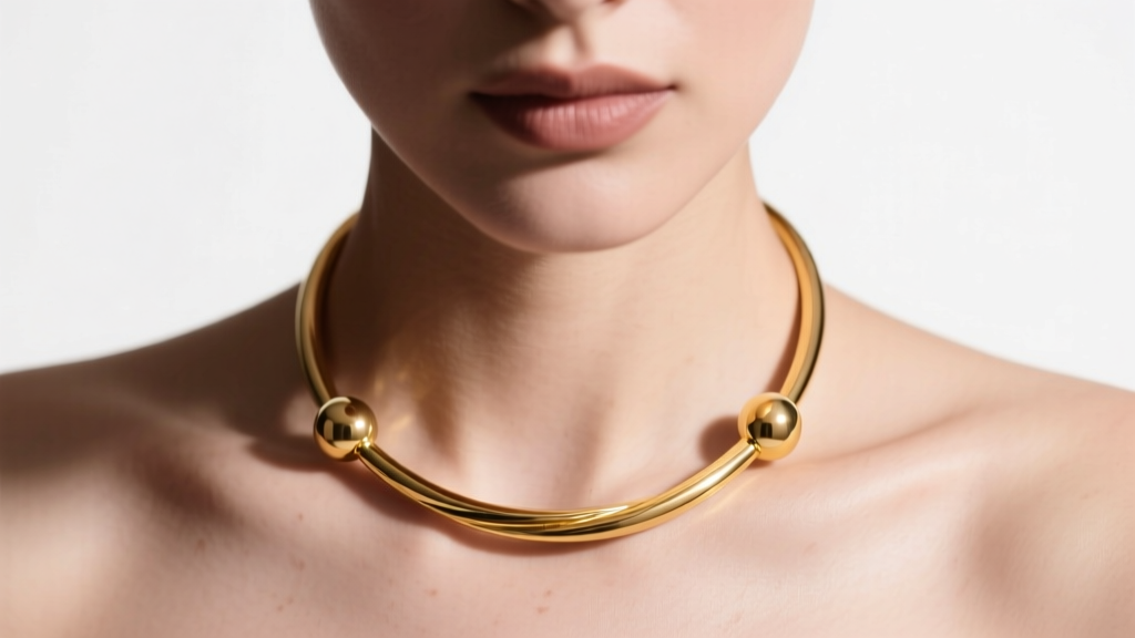 Close-up of a woman wearing a 5mm 18k yellow gold torque necklace with spherical terminals under soft studio lighting