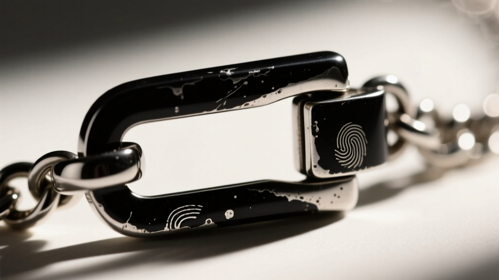 Macro shot of a worn black stainless necklace clasp, revealing silver base metal where the dark PVD coating rubbed off from use.