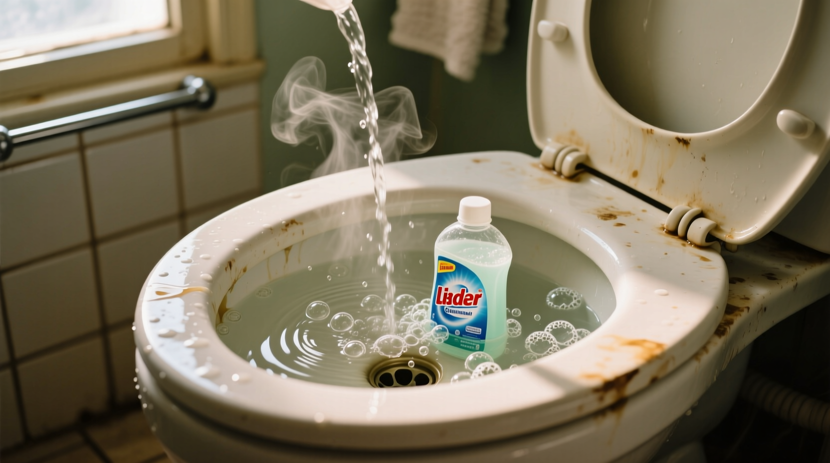unclog a toilet with warm water and dishwasher soap