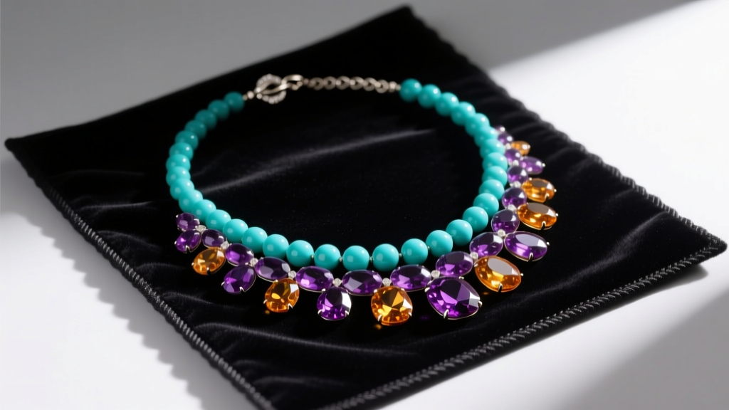 Multicolor gemstone necklace with turquoise, amethyst, and citrine beads resting on a dark velvet jewelry cleaning mat.