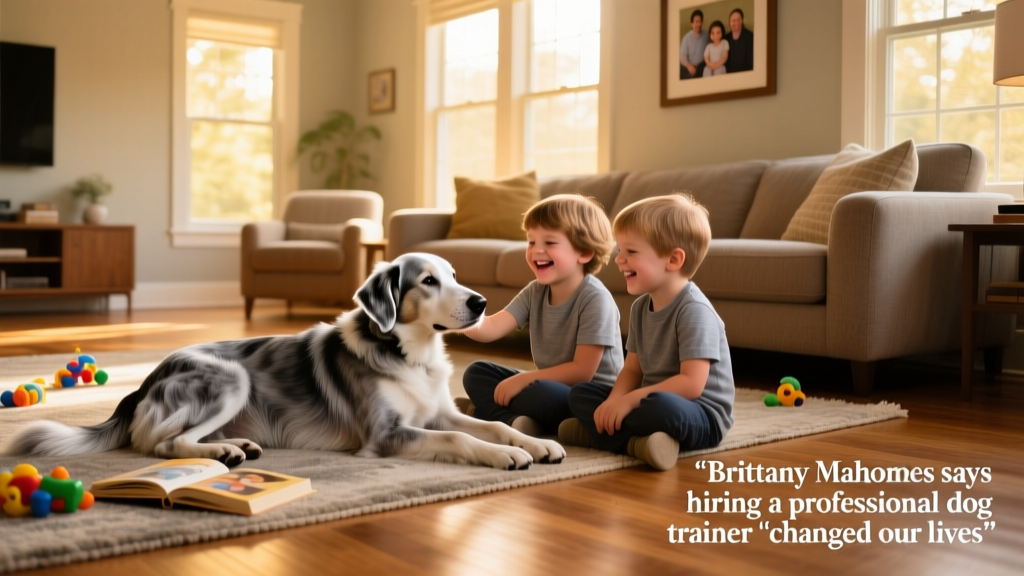 Steel and Silver calmly resting beside Mahomes’ children in a sunlit living room, showing gentle, trusting interaction