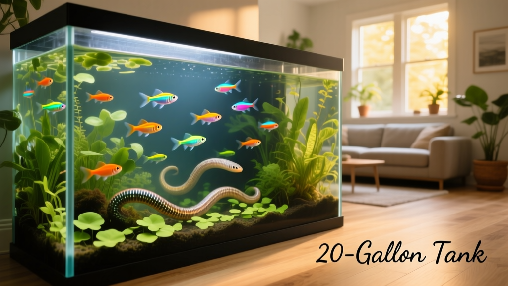 A lushly planted 20-gallon long aquarium with neon tetras, kuhli loaches, and floating duckweed