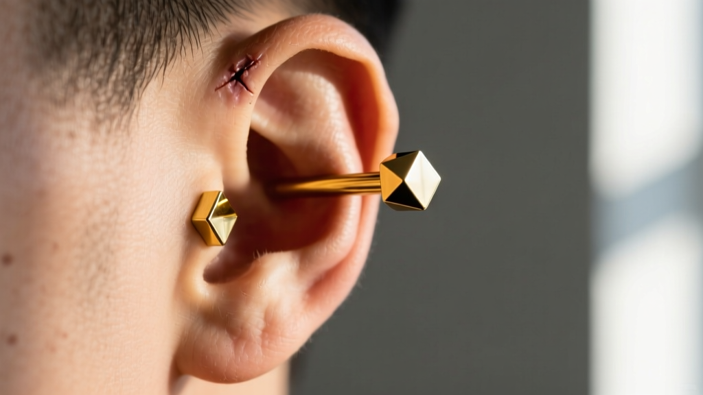 Side profile of a healed ear displaying a custom-angled gold industrial barbell aligned through the upper and lower helix rim.