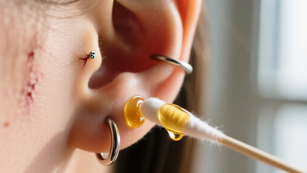 Cotton swab with jojoba oil gently lifting sticky adhesive residue from the skin around a healed 16-gauge cartilage hoop earring