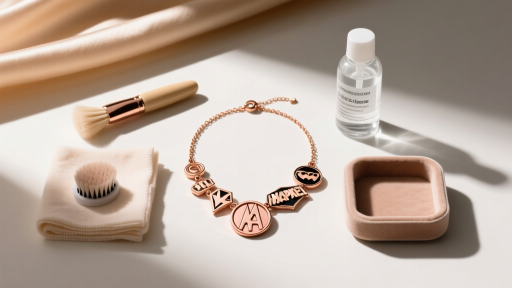 Flat lay of jewelry cleaning supplies next to a rose gold plated pop culture mashup necklace showing slight edge tarnish.
