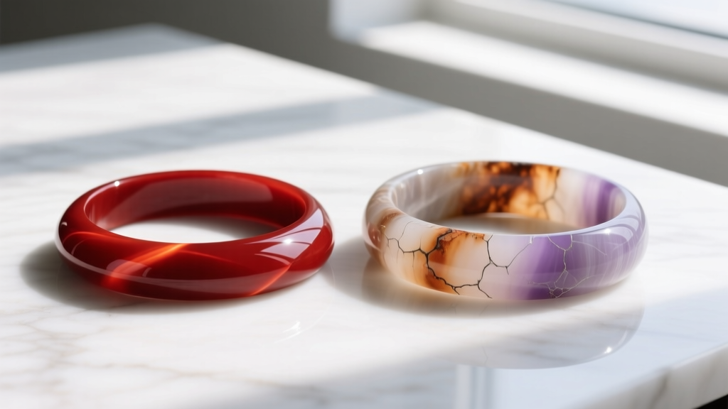 Vibrant red onyx bracelet next to faded, heat-damaged dyed calcite bangle on white marble surface under bright natural daylight