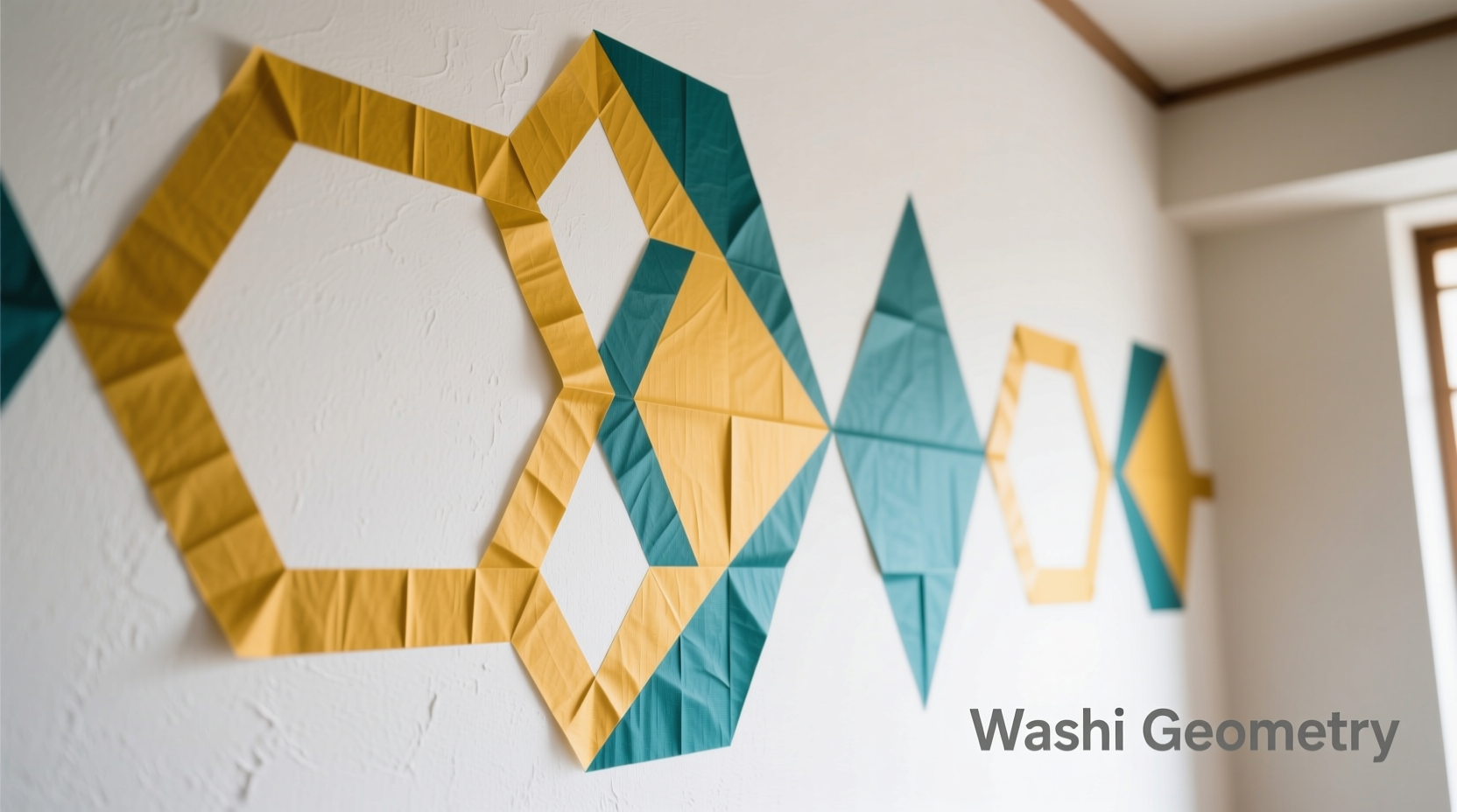 Washi tape geometric wall design in mustard and teal