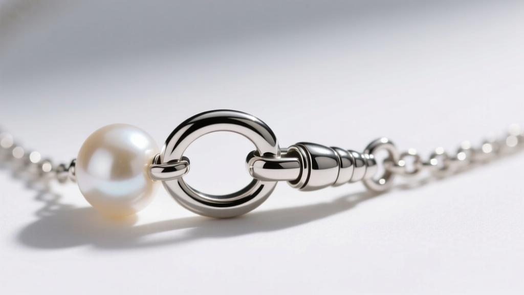 Macro photography of a sterling silver pearl necklace enhancer with a secure lobster clasp, highlighting the curved hinge mechanism