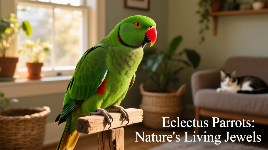 A vibrant male eclectus parrot perched calmly on a wooden stand, showing off its emerald green feathers and bright beak