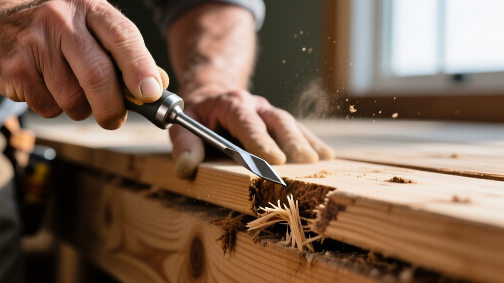 Close-up of a contractor probing a pressure-treated wooden deck joist with a steel awl to check for hidden wood rot and moisture damage.