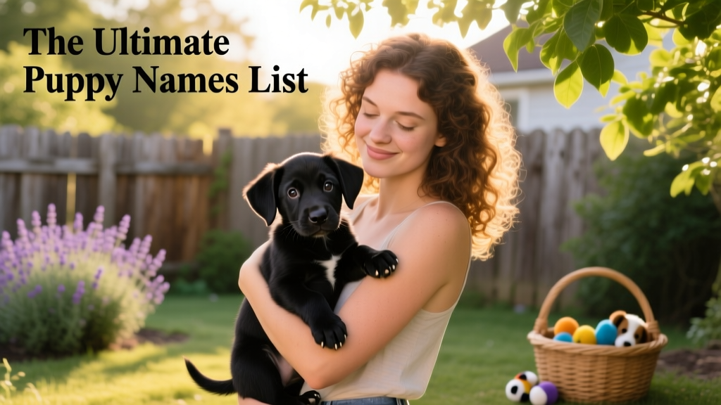 Woman holding a small black puppy
