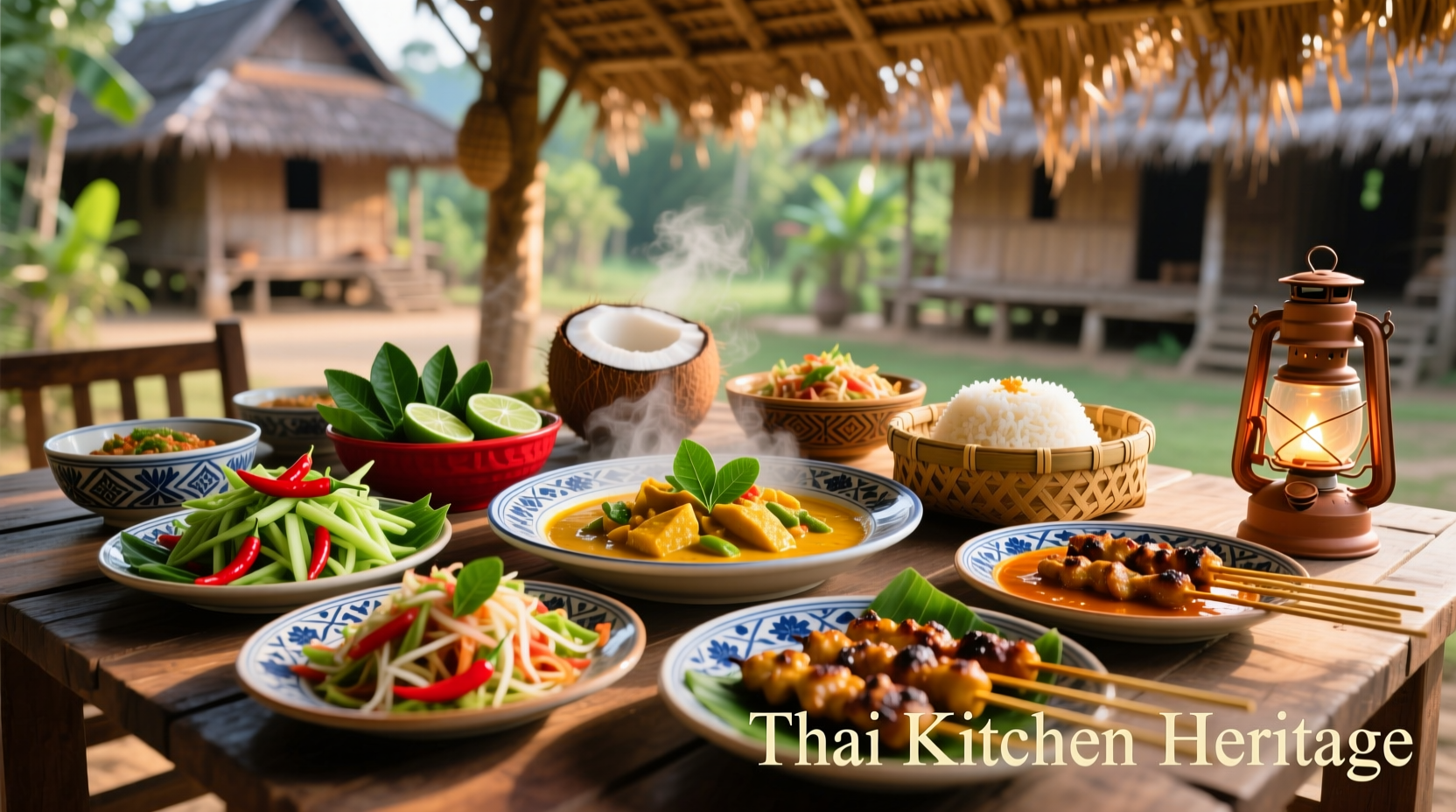 Traditional Thai food spread with colorful dishes