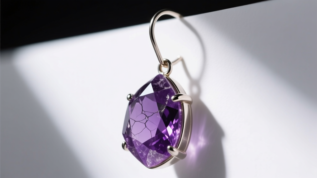 Macro shot of a 20-gauge titanium ear wire holding a heavy raw amethyst hanging earring under soft studio lighting