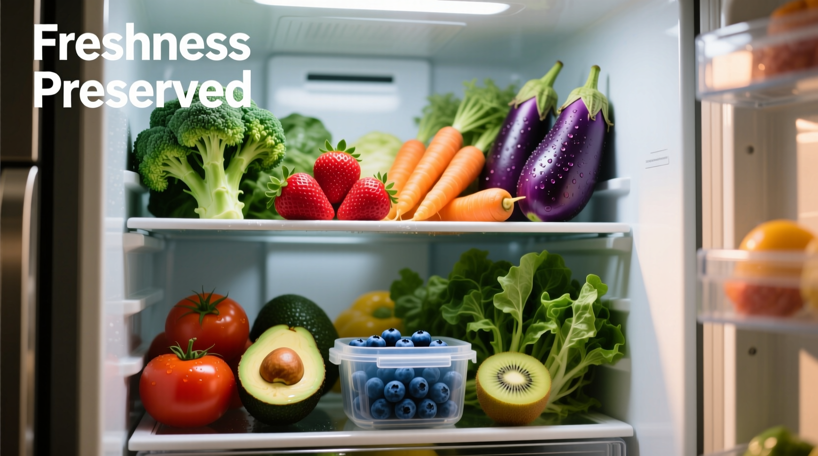 Colorful display of perishable foods in refrigerator
